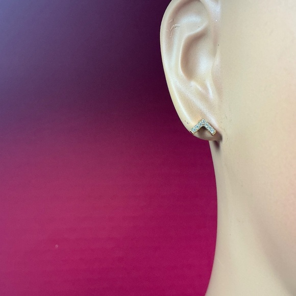 Sterling Silver V shaped stud earrings with clear stones gold tone - Picture 3 of 6